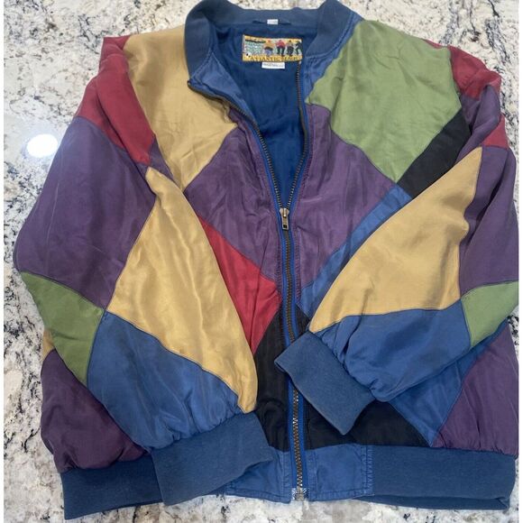 Vintage Atlantic Beach Silk Jacket Women size large bomber color block 80s retro - Picture 1 of 16